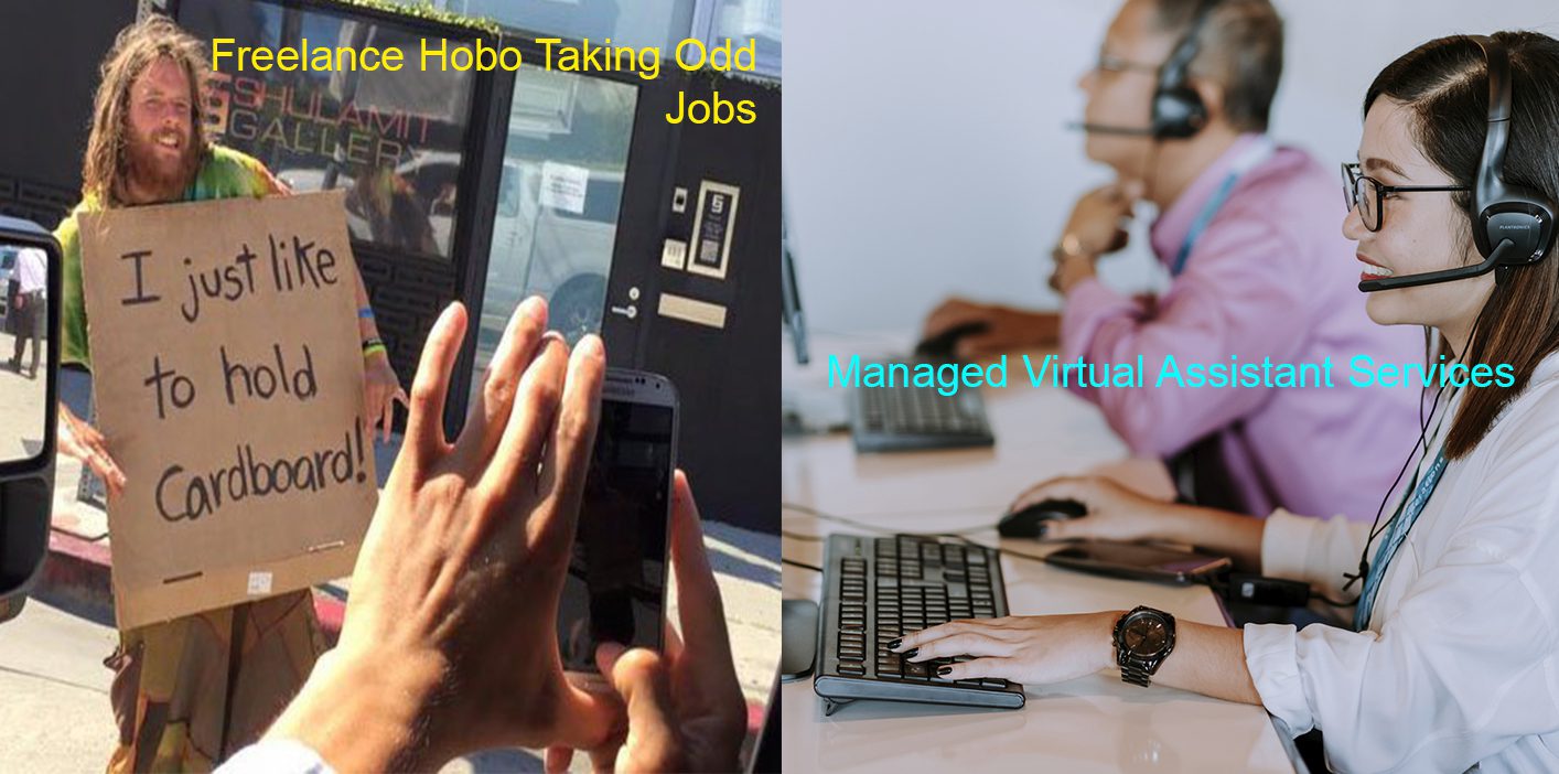 a freelance hobo holding a cardboard vs a Professional virtual assistant office with a lady and a man