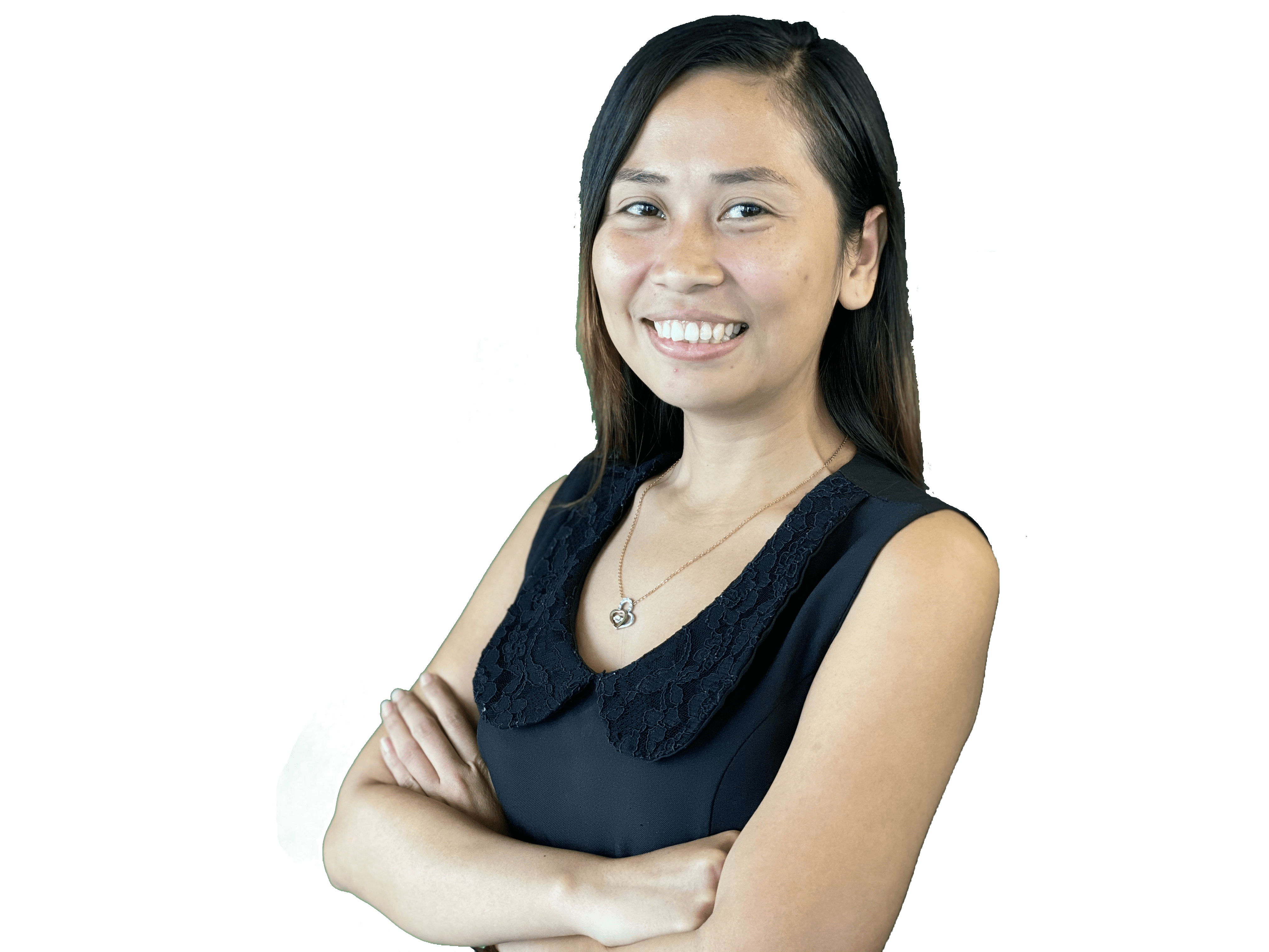 A Female Outsourcing Employee in a Black Dress Smiling Female Remote Staffing Employee in a Black Dress