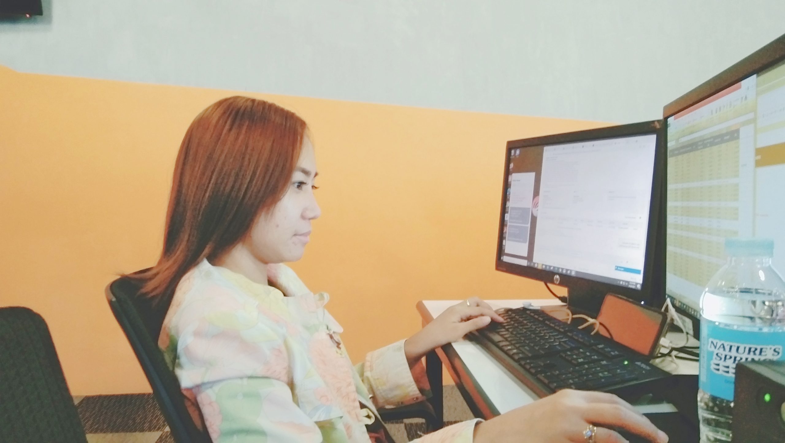 woman looking at her monitor while working female outsourced bookkeeper working on a computer